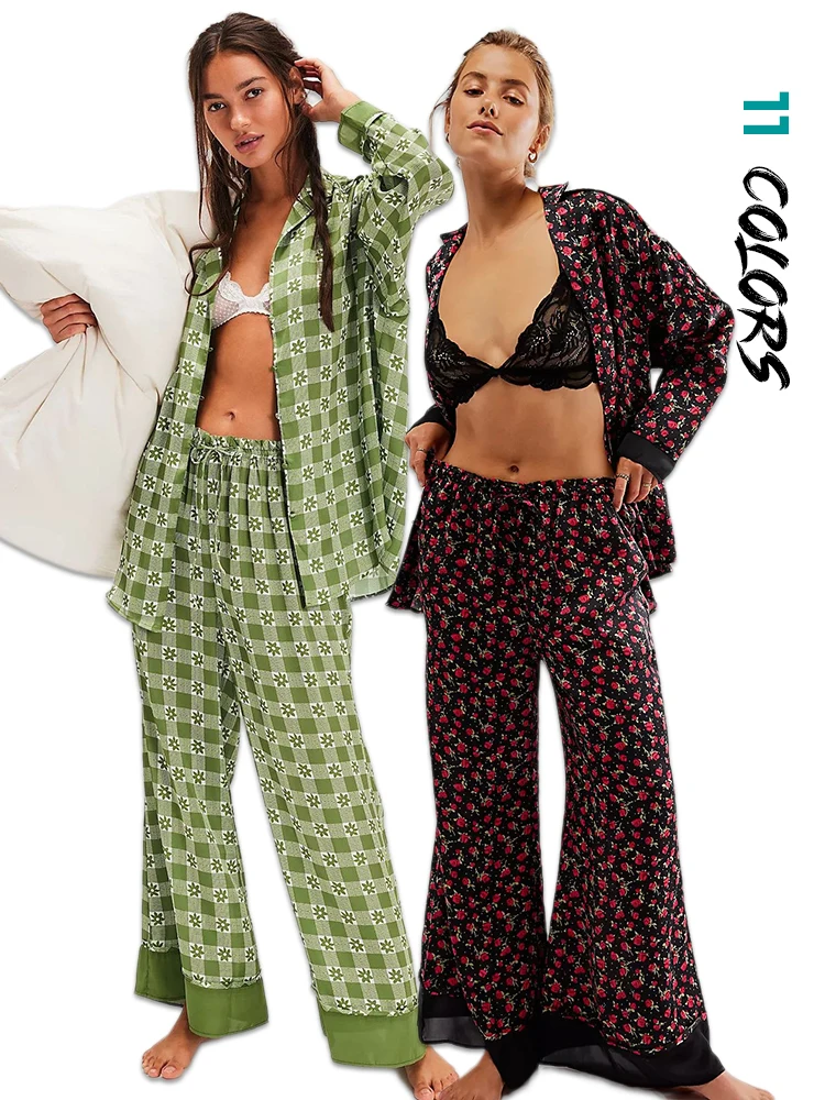 Print Floral Pyjama Casual Long Sleeve Set 2PCS Outfit Lapel Sleepwear Button Down Women's Pajamas Loose Nightwear Home Clothes