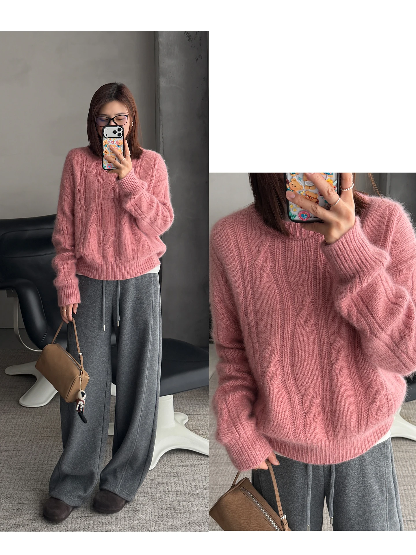 

Soft Woolen Camere Knitted Sweater Loose Fit round Ne Pink Twist Casual Versatile Korean Sle Women's Winter Faion