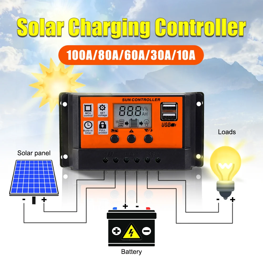 1pc 12V/24V Solar Controller Solar Regulator Panel Battery Solar Controller MPPT/PWM 30A 60A 100A with Dual USB LCD Display