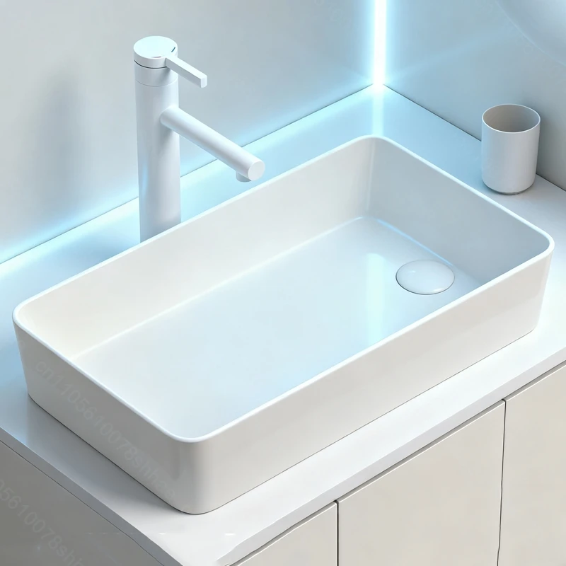 Rectangle Porcelain Ceramic Vessel Sink for Bathroom Modern Above Counter Wash Bowl Basin with Drain Kit Countertop Vanity Sinks