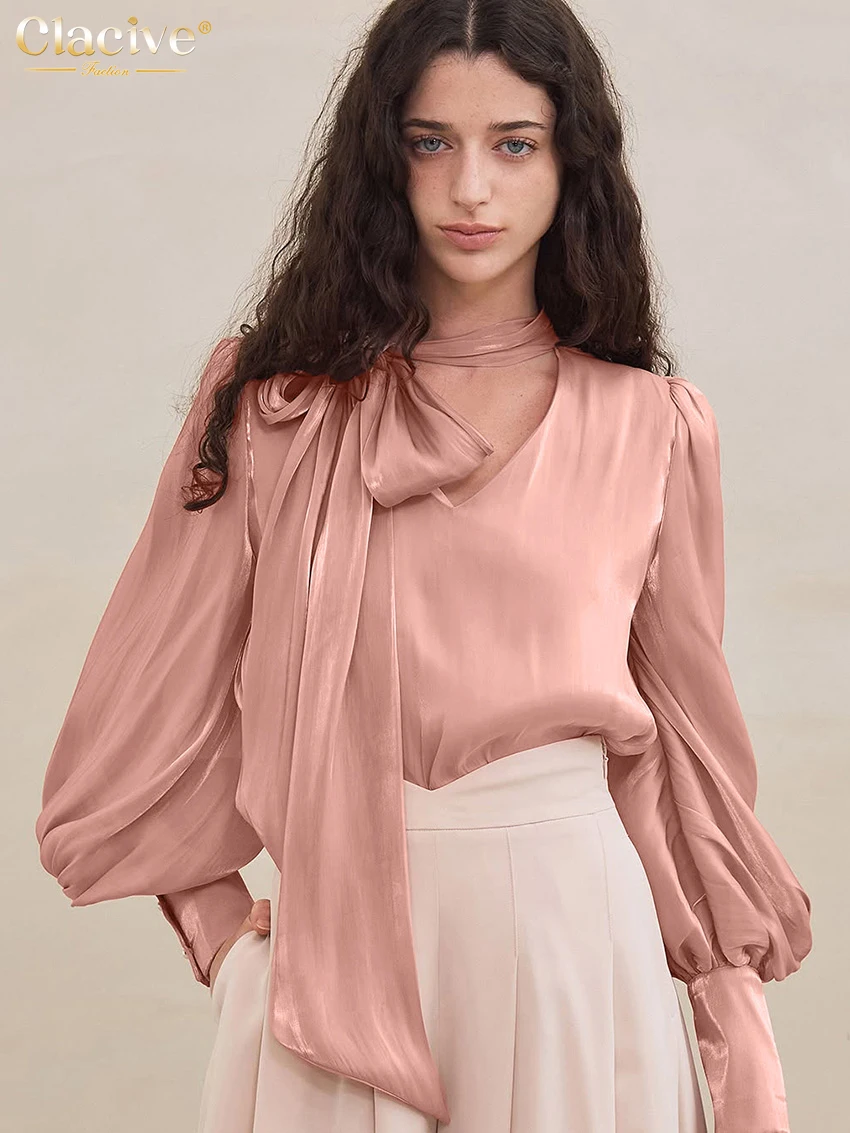 

Clacive Fashion Loose Pink Women's Shirt 2026 Casual V-Neck Long Sleeve Shirts Lady Elegant Classic Lace-Up Top Female Clothing