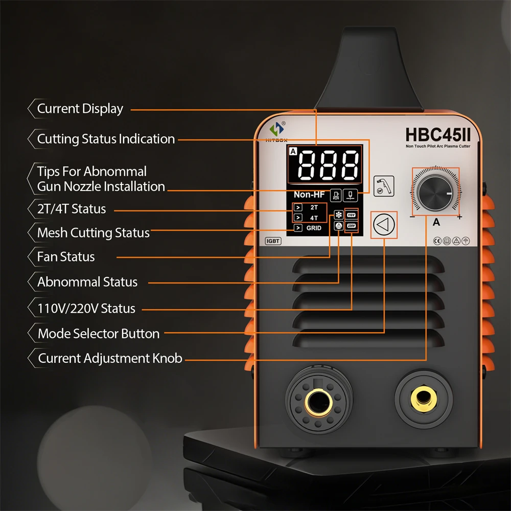 HITBOX 45Amps Non HF Non Touch Plasma Cutter 2T/4T IGBT LED Display Ideal Cutting 1-8mm Maximum Cutting 8-15mm Dual Voltage 110V/220V Plasma Cutting HBC45