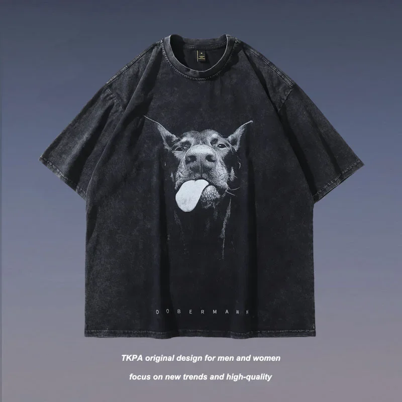 Camiseta de gran tamaño para hombre, camisa con estampado de perro Doberman, estilo Hip Hop, Vintage, negro lavado, Harajuku, de algodón, 2024