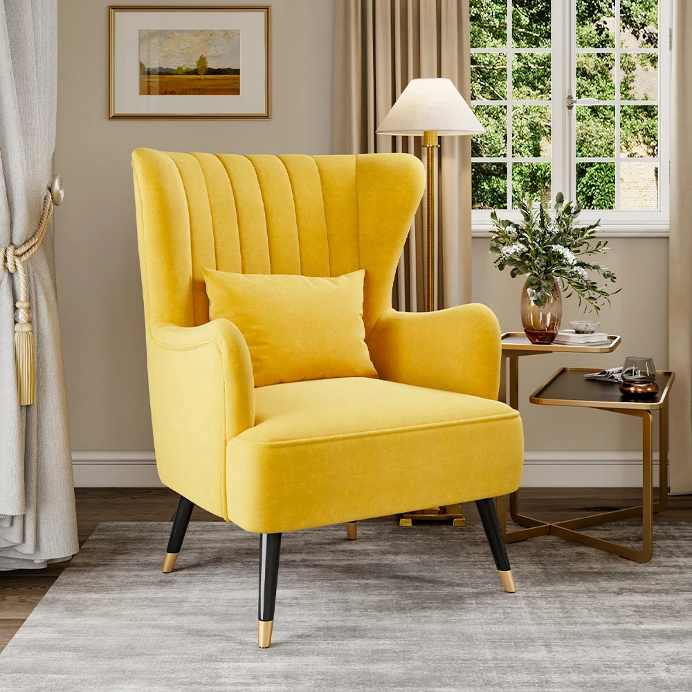 Occasion Velvet Wingback Armchair with Lumbar Pillow, Yellow