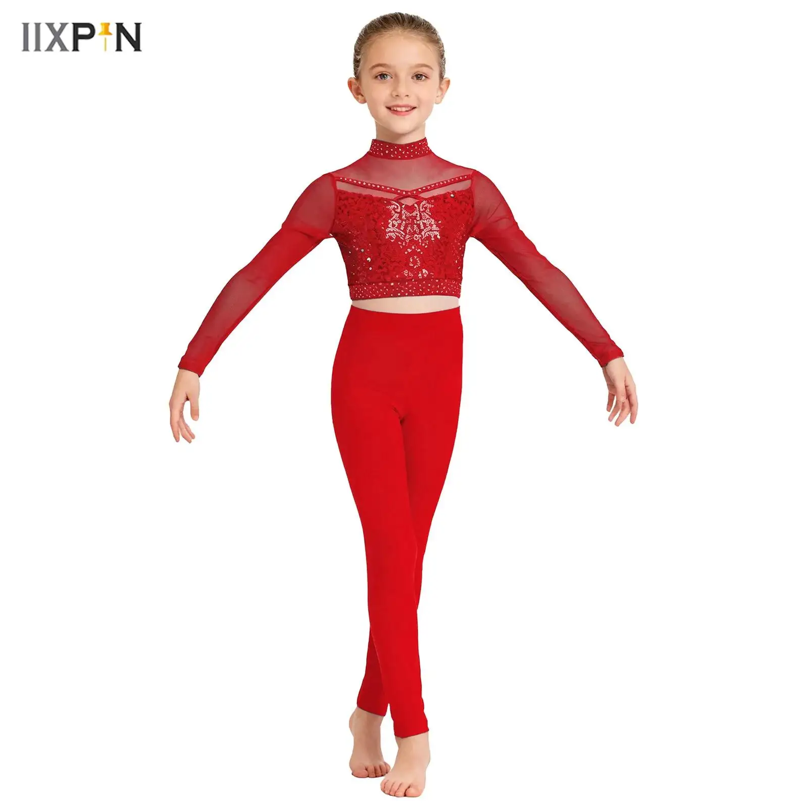 

Girls Hip Hop Jazz Dance Outfits Sheer Mesh Gymnastics Cheerleading Dance Costume Long Sleeve Sequins Crop Top with Leggings