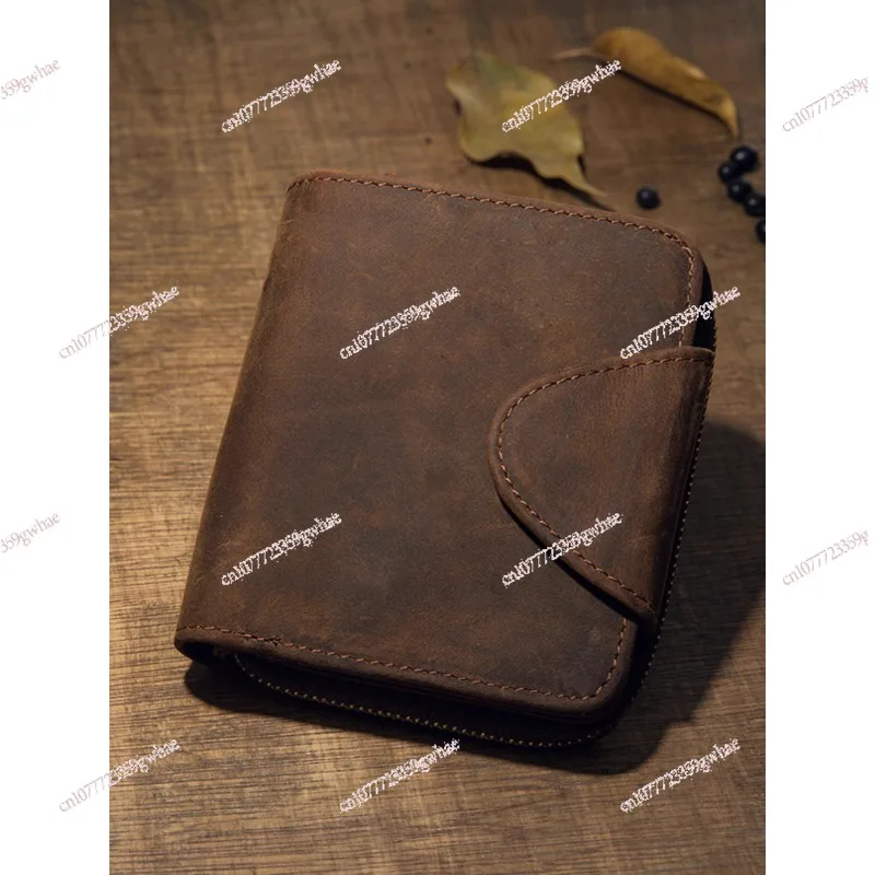 

Handmade original leather wallet men's short leather zipper small wallet cowhide