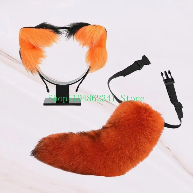5ASD Wolf Cats Foxes Tail with Cats Ears Headsbands Halloween Christmas Party Costume Toying For Woman Man Cats Costume