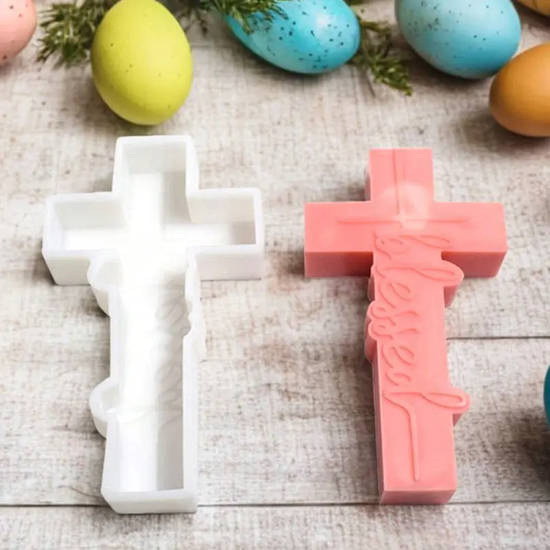 1 Piece, Easter Text Relief Cross Rose Cross Mold Ornament Aromatherapy Candle Crystal Drip Plaster Silicone Mold