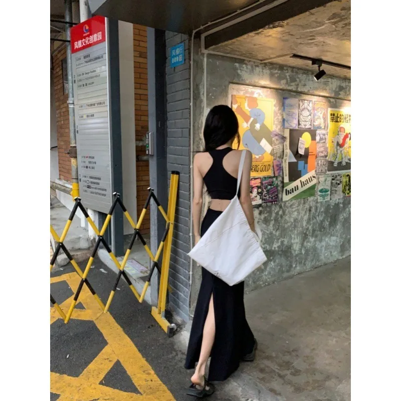 U-neck Black Spice Girl Suspender Vest Dress Women's Summer New Temperament Hollow Waist Slim Hip Wrap Dress