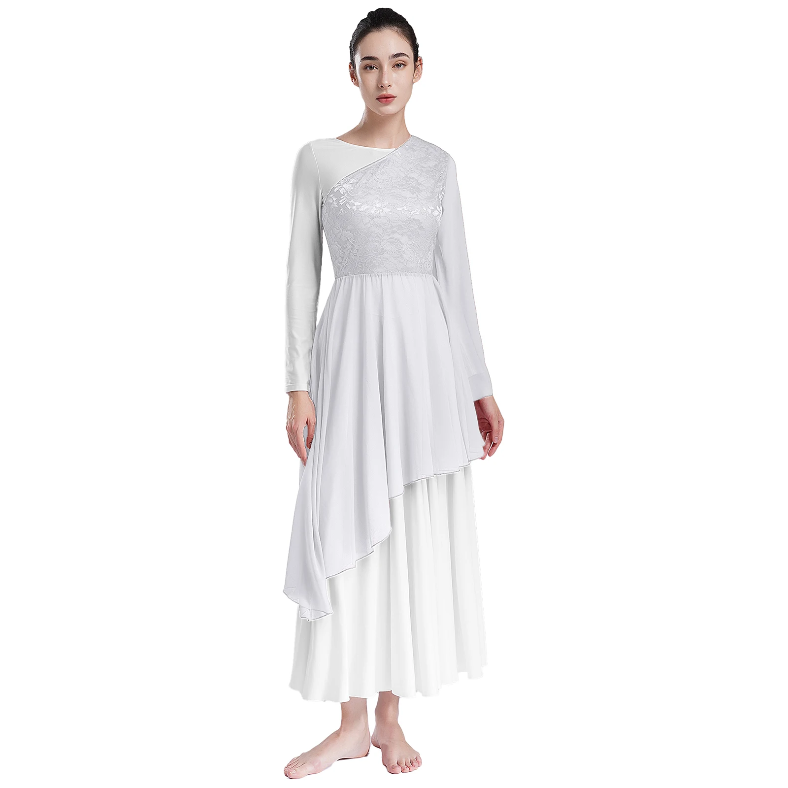 Abito da ballo liturgico con maniche svasate da donna abito da ballo lirico liturgico One Shouder pizzo chiesa coro culto costumi Performance