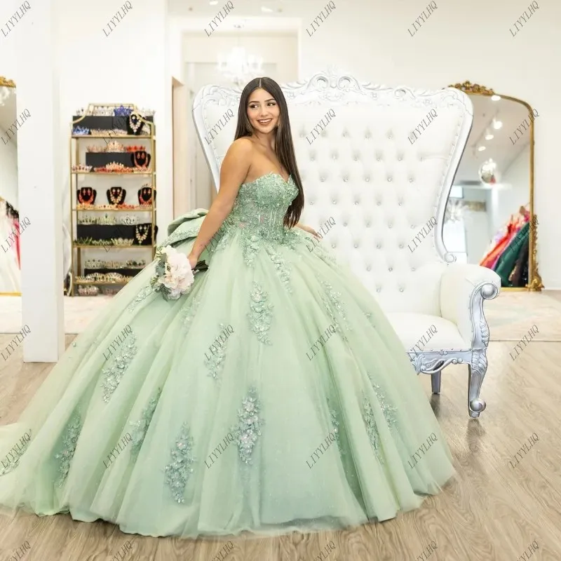 Big Bow Sage Green Sweet 16. Quinceanera Dresses Prom Gowns Off Shoulder Applique Lace Tulle Vestidos De 15 Anos Ball Gowns