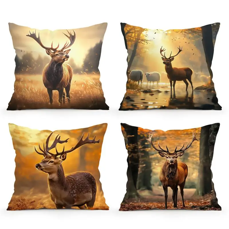Short plush material pillowcaseHome Decor Deer in Autumn Forest Scenes Pillow Covers Pattern Cushion Cover Suitable for Sofa Bed