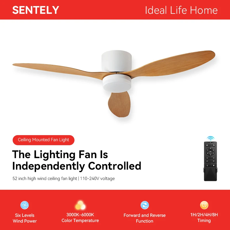 

52" Ceiling Fans with Lights and Remote Control Modern, Ceiling Fan with 3 Colors Low Profile with 6-Speeds Reversible DC Motor