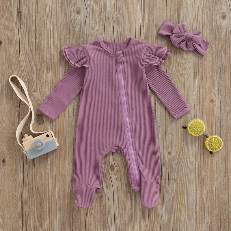 Baby Rompers Boys Girls Knitted Long Sleeve Ruffles Zipper O-neck Jumpsuits Headband Spring Autumn Outfits Newborn Clothes