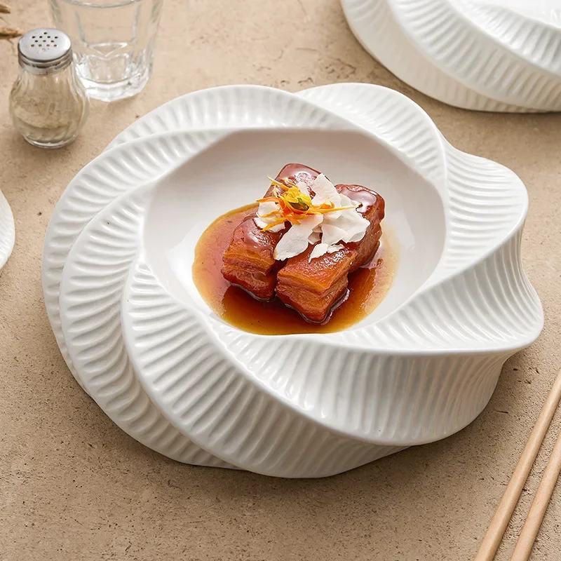 Threaded pattern double-layer plate, high-end creative hotel specialty tableware, dessert artistic conception dishes