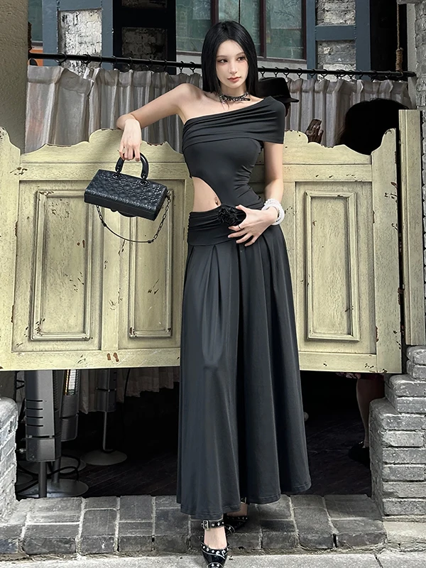 エレガントな韓国風の奇妙なデザインのロングドレス、女性用、ウエストを絞った肩出しドレス、花柄装飾、夏の季節のドレス