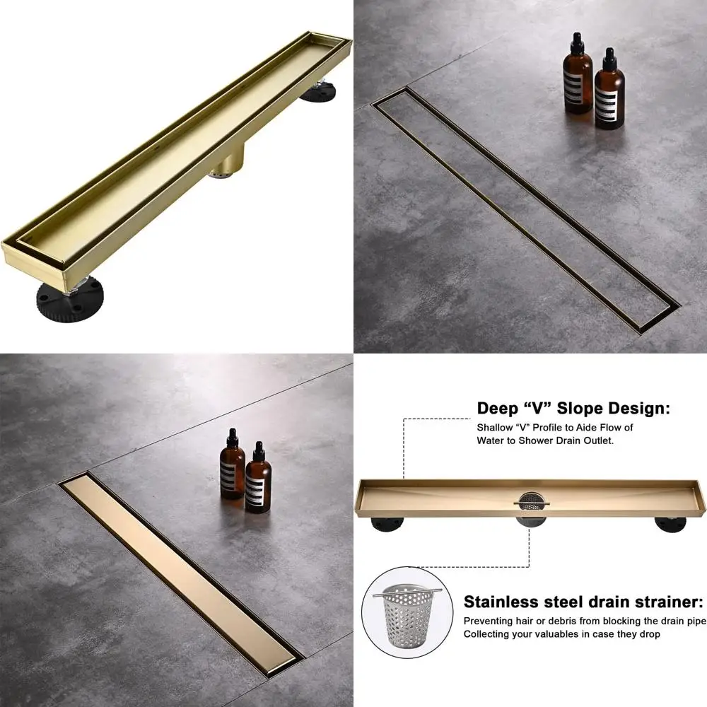 

Rectangular 30 Inch Stainless Steel Shower Drain Kit - Brushed Gold Finish, Linear Floor Drain for Bathroom Trench Drain Systems