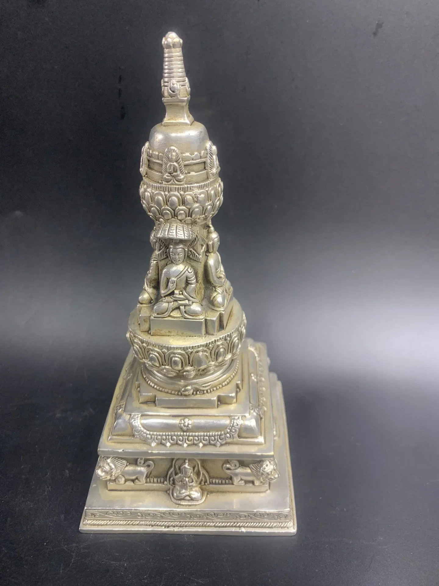 20cm White Copper Carving Kadampa Pagoda Stupa Statue Tibet Buddhism Gadangta Bodhi Sculpture