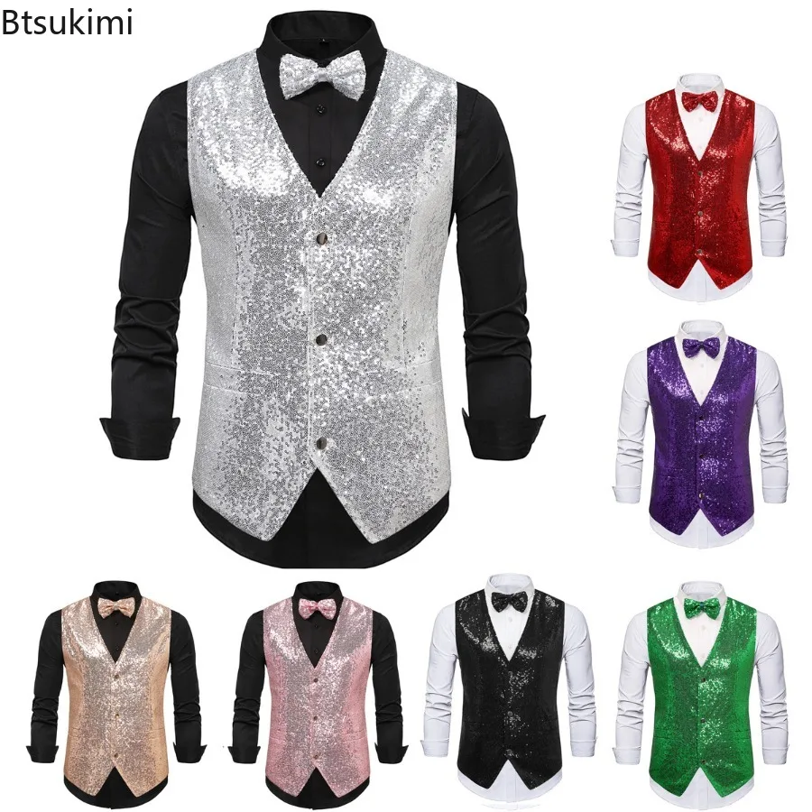 New Men's Metallic Shiny Sequins Sleeveless Vest Jacket Single Breasted V-Neck Vest Wedding Party Waistcoats Male Formal Clothes