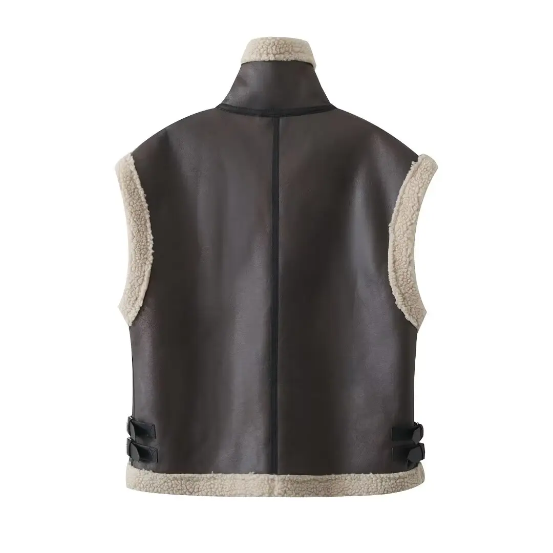 TRAF Winter Women Fashion Zip Lambswool Faux Leather Jackets Vest Female Casual Sleeveless Thick Warm Waistcoat Outwear