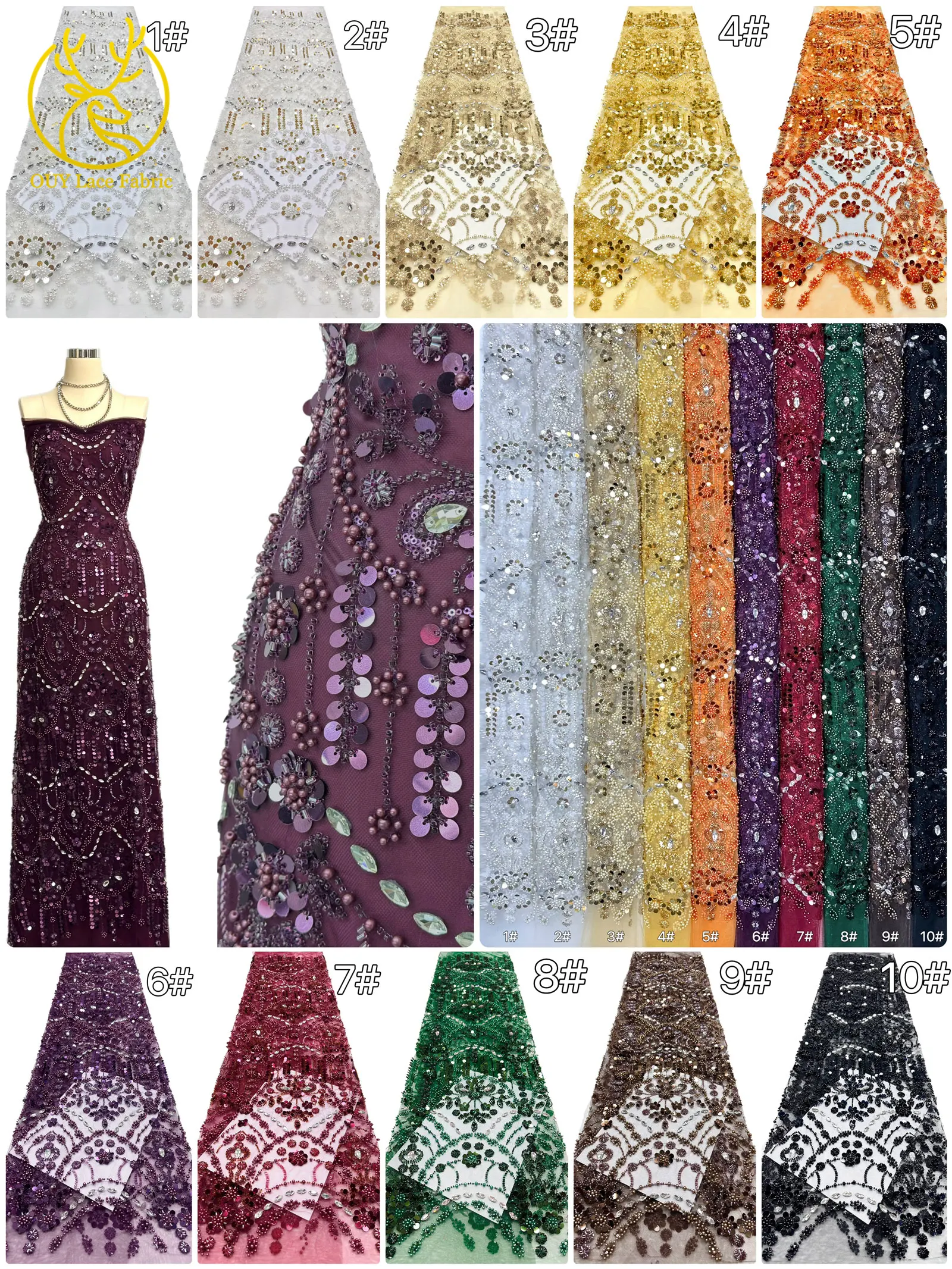 Afrikanischer Spitzenstoff in Traubenlila, französische Pailletten, bestickte Spitze, glitzernde Strass-Spitze für Brautkleider zum Nähen – Detail 3
