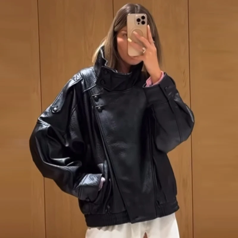 HXAO Černé bundy z umělé kůže pro ženy, nový přírůstek, zkrácená nadměrná bomber bunda s dlouhým rukávem na zip, kabáty a motocyklové bundy - náhled 6
