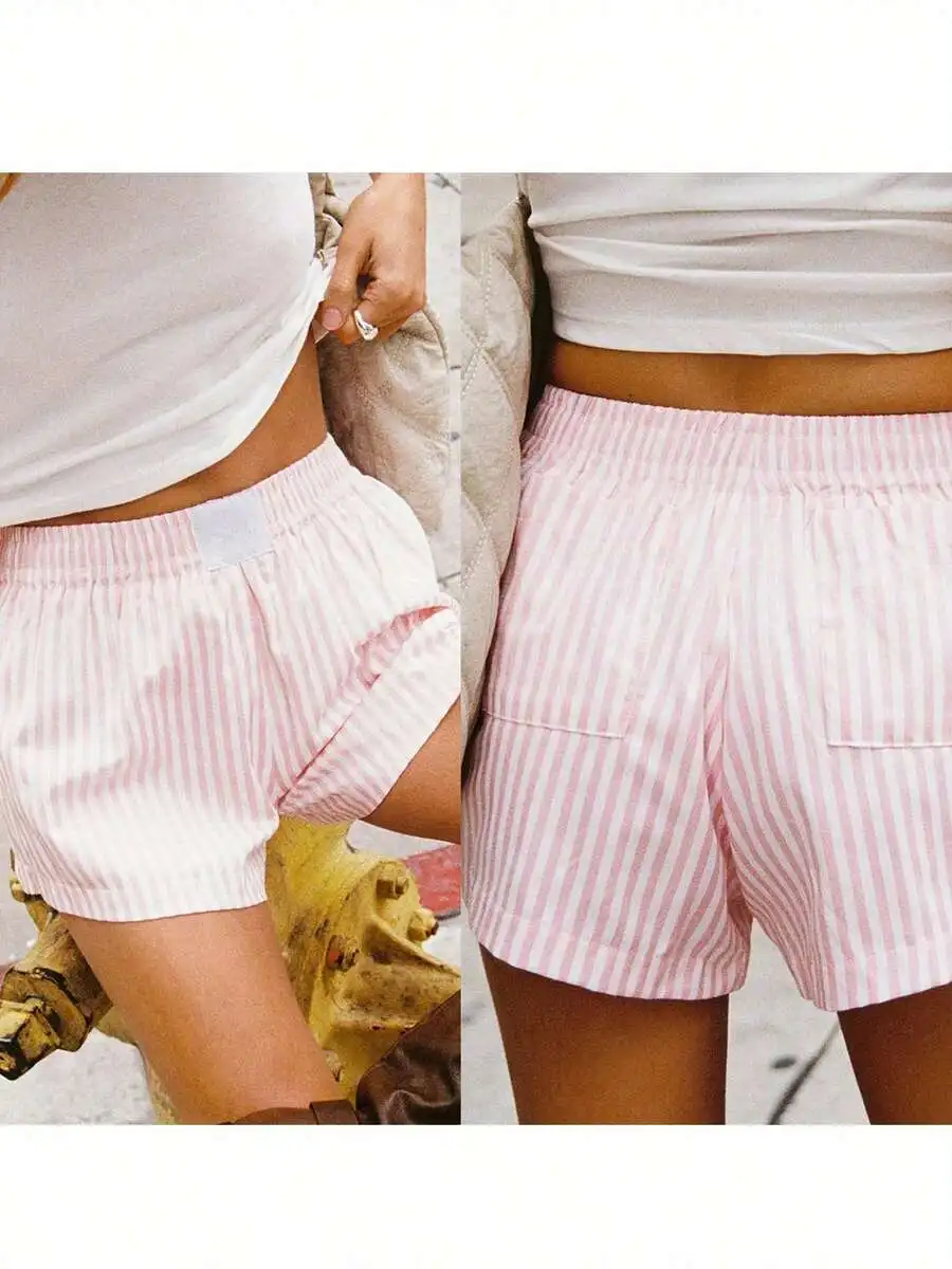 

Women Striped Elastic Waist Casual Shorts Summer Streetwear Daily Wear