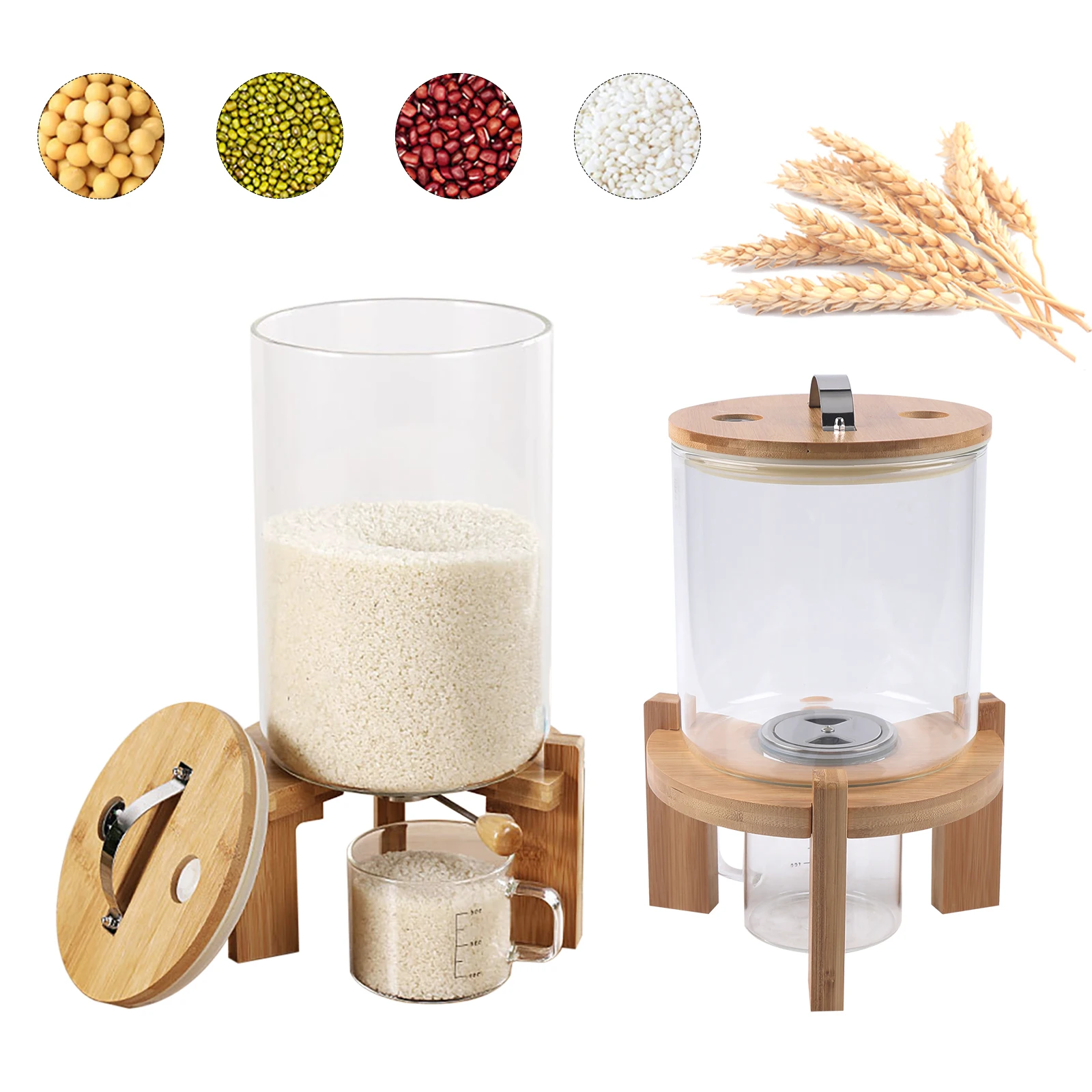 

Kitchen Cereal Storage Dispenser Rice/Grain Dry Food Glass Container 5L/7.5L With Valve Airtight Lid and Wooden Stand