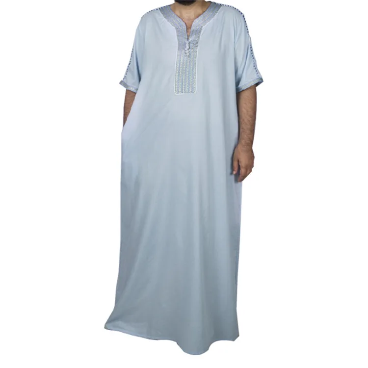 

2023 Summer Fashion Style Muslim Men Half Sleeve Polyester Long Jubba Thobe Muslim Fashion Abaya Muslim Men Clothing