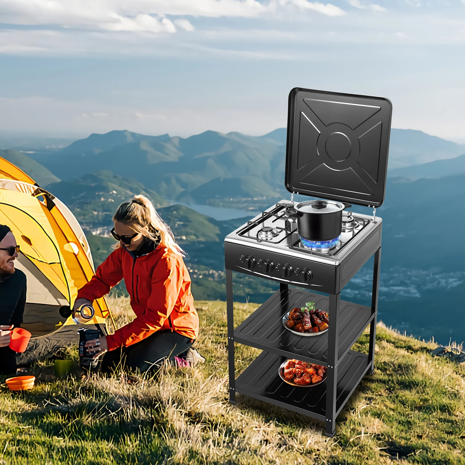 موقد غاز خارجي من الفولاذ المقاوم للصدأ مع 4 حرق 4 * 2.5 كيلو وات، مساحة تخزين من طبقتين، تصميم متعدد الموقد لكل نشاط خارجي