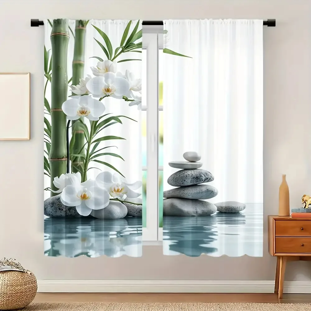 2D Plane, 2pcs Zen Bamboo Orchid Curtains White Flower Stone Balance Window Drapes Spa Relax Decor