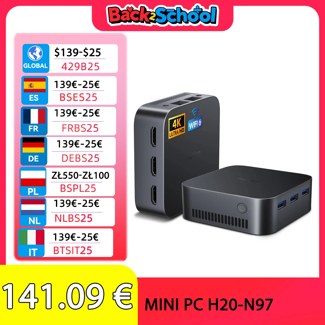 HUIDUN H20 Mini PC Processore Intel Alder Lake N95 N97 di 12a generazione 16GB LPDDR5 RAM 512GB SSD Sistema di raffreddamento Mini Computer