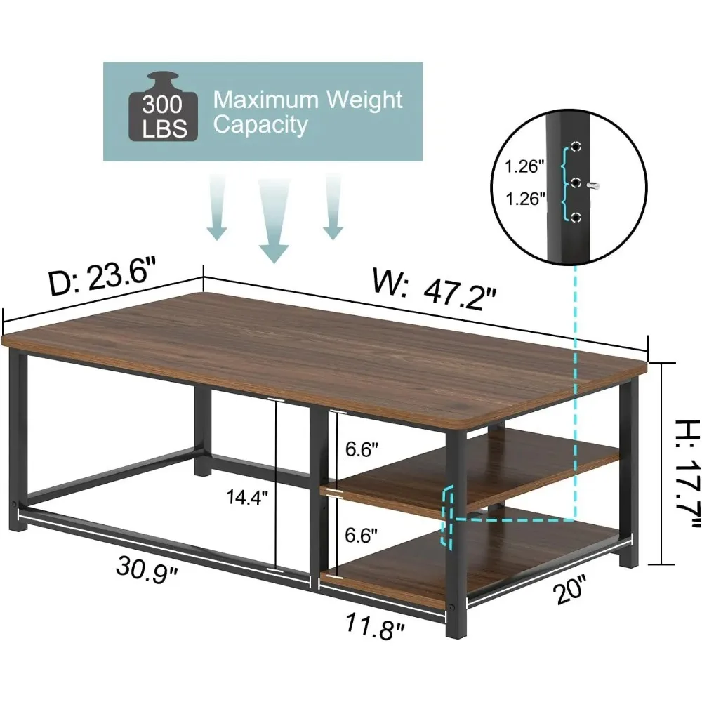 Mesa de centro moderna, mesa central rústica de madeira e metal para sala de estar, mesa de chá retangular industrial com armazenamento S