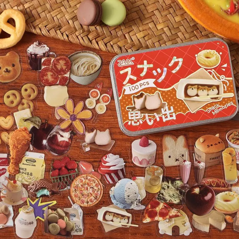 100Pcs American Retro Food Waterproof PET Stickers, Memory Time Machine Series, Bakery Dessert Stickers for Scrapbooking Craft