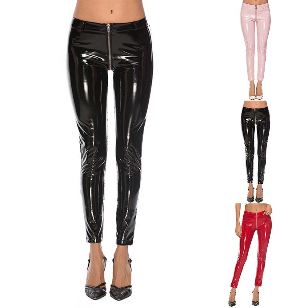 Zipper Women Shiny PVC Leather Leggings High Waist Butt Lift Push Up Stretch Skinny Pants Ladies Open Crotch Trousers Clubwear