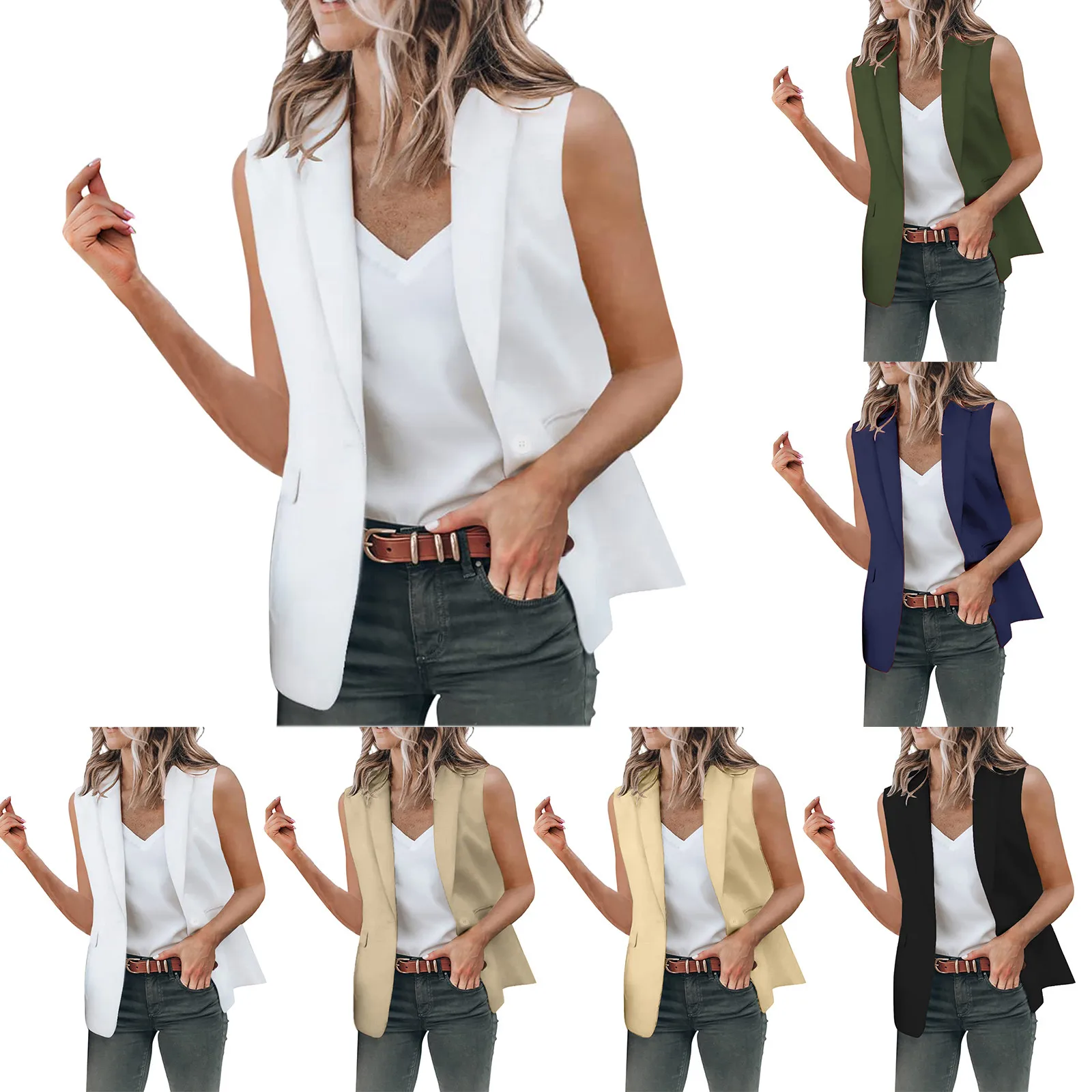 Cárdigan holgado sin mangas para mujer, traje de oficina de Color liso con cuello, moda coreana, primavera y verano, novedad de 2024