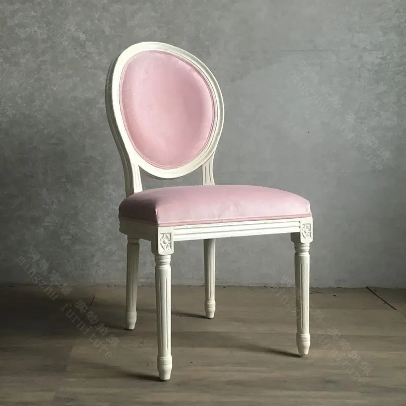 American princess style study chair nail salon makeup chair European Mediterranean retro ivory white solid wood dining chair