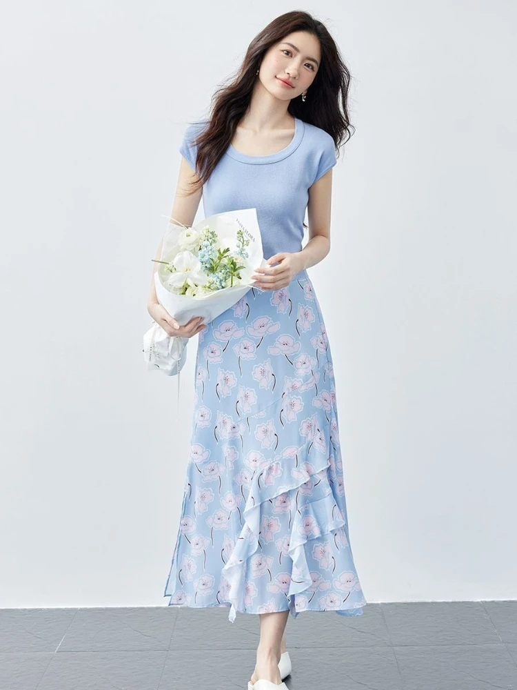 

Элегантный комплект из двух предметов: женский летний новый комплект с U-образным вырезом, облегающий трикотажный свитер + юбка-рыбка с цветочным принтом.