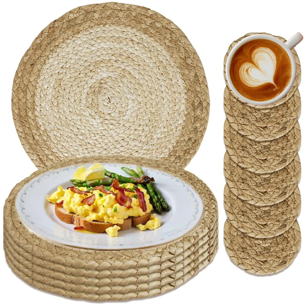 Boho Round Woven Placemats Set of 6 Natural Water Hyacinth Table Mats with Coasters 30CM Farmhouse Braid Rattan Wicker Placemats