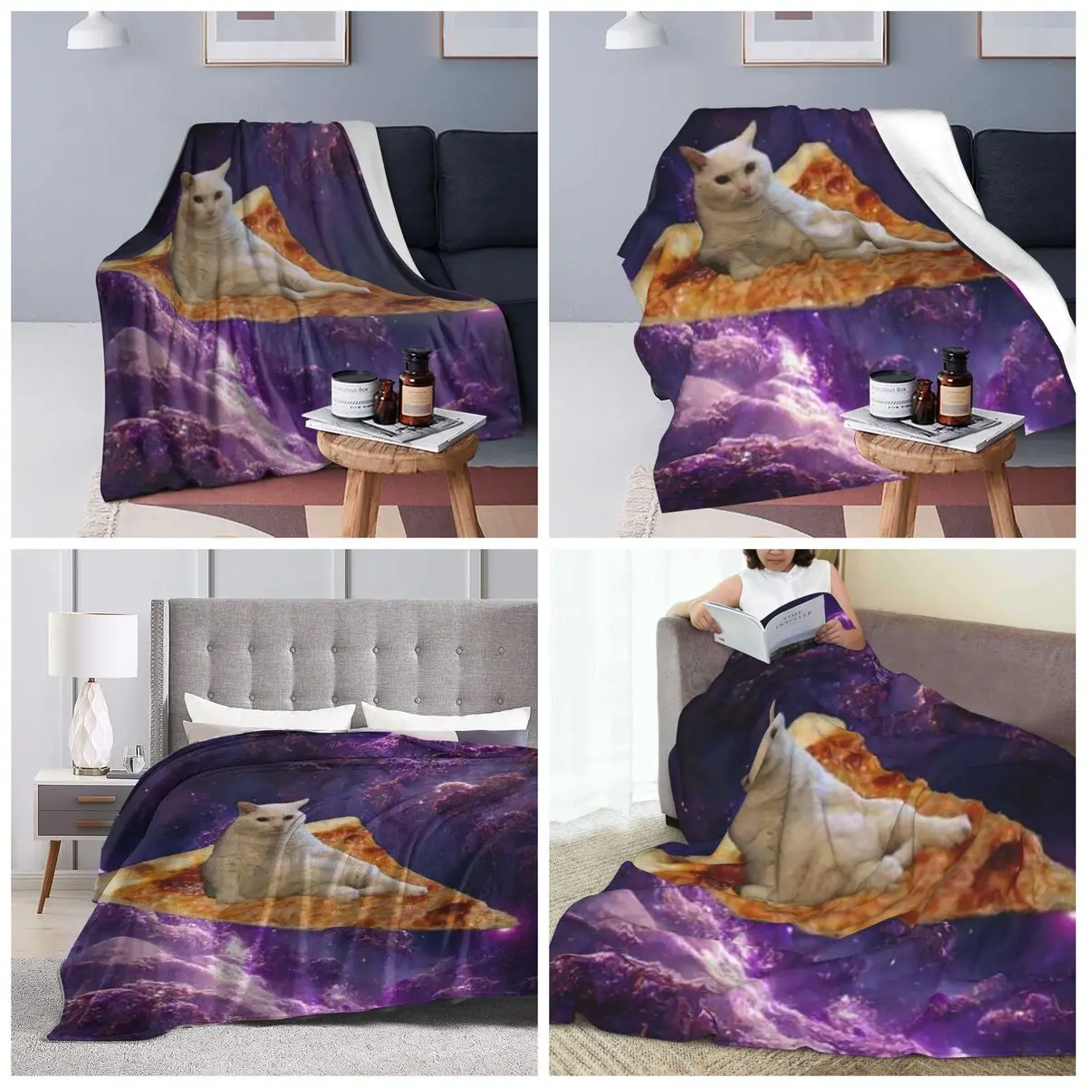 Space Pizza Cat Meme Blankets Soft Warm Flannel Throw Blanket Bedspread for Bed Travel Home Sofa
