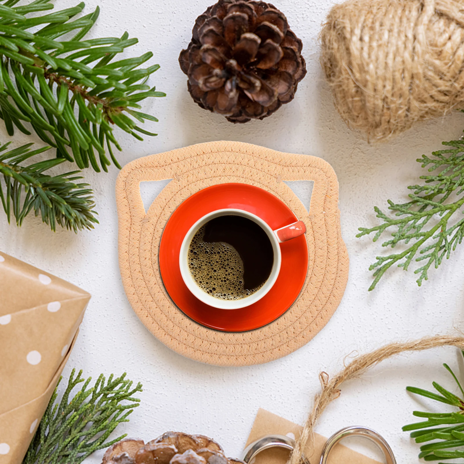 

4pcs Cat Ear Placemat Cotton Rope Woven Heat Resistant Tableware Mat Dining Table Decor Kitchen Pot Pad Anti-Scalding Coaster