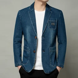 2024 New Mens Denim Blazer Coat Fashion Casual Denim Jacket Men Cotton Vintage Black Blue Denim Jacket Coat Men Jeans Blazers