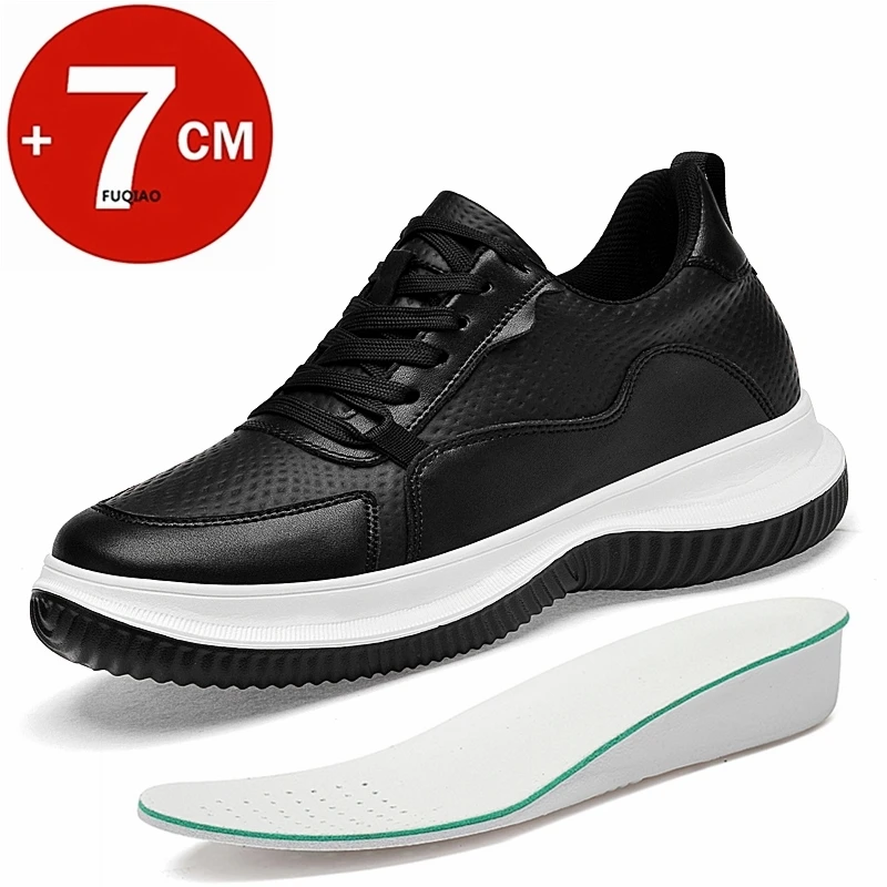 White Cow Leather Elevator Sneakers Thick Soles Men Shoes Outdoor Men Formal Shoes Invisible Inner Height Increasing Shoes 7CM