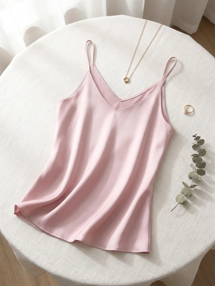 Damen Camisole 2026 Sommer Spaghetti-Träger Damen Tank Top Neckholder V-Ausschnitt Basic Weiß Cami Ärmellos Satin Seide Tops – Detail 9