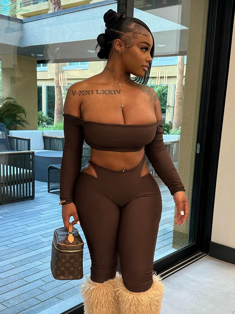 غريب سنور ضيق المرأة 2 قطعة مجموعة مائل الرقبة المحاصيل القمم عالية الخصر جوفاء طماق مطابقة الشارع الشهير ملابس رياضية غير رسمية #5