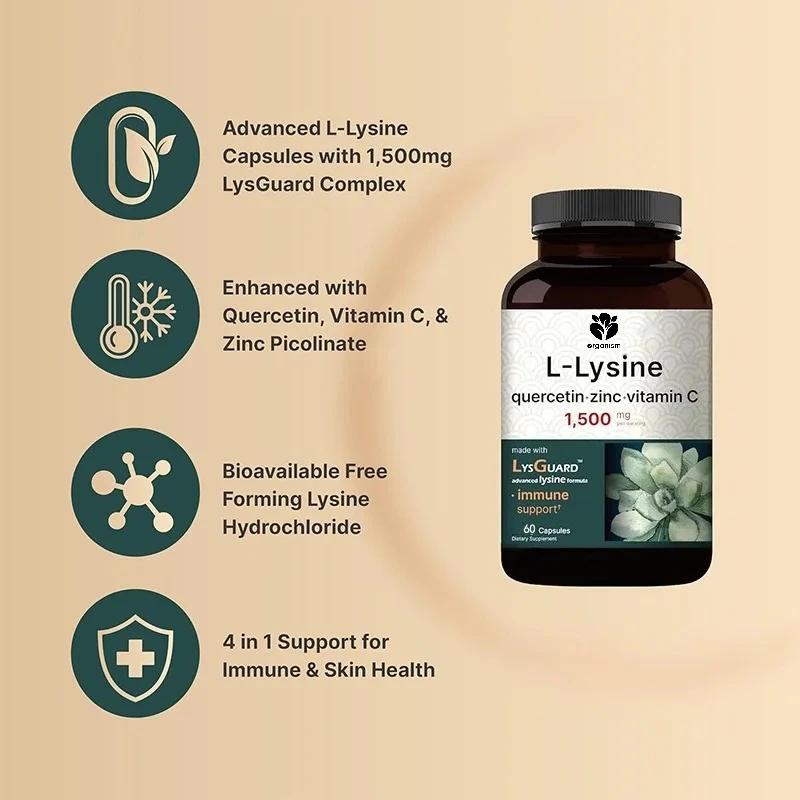 L-lysine 1000 ملغ كبسولات + كويرسيتين 250 ملغ، تحتوي على فيتامين C والزنك