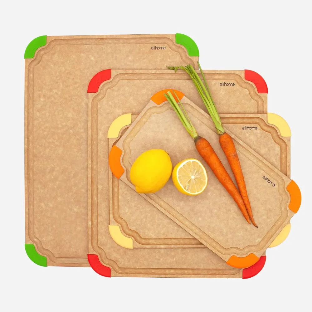 Large Chopping Board Color Coded With Food Icon Things for the Kitchen Cutting Board Wooden Non Slip Feet Juice Grooves BPA Free