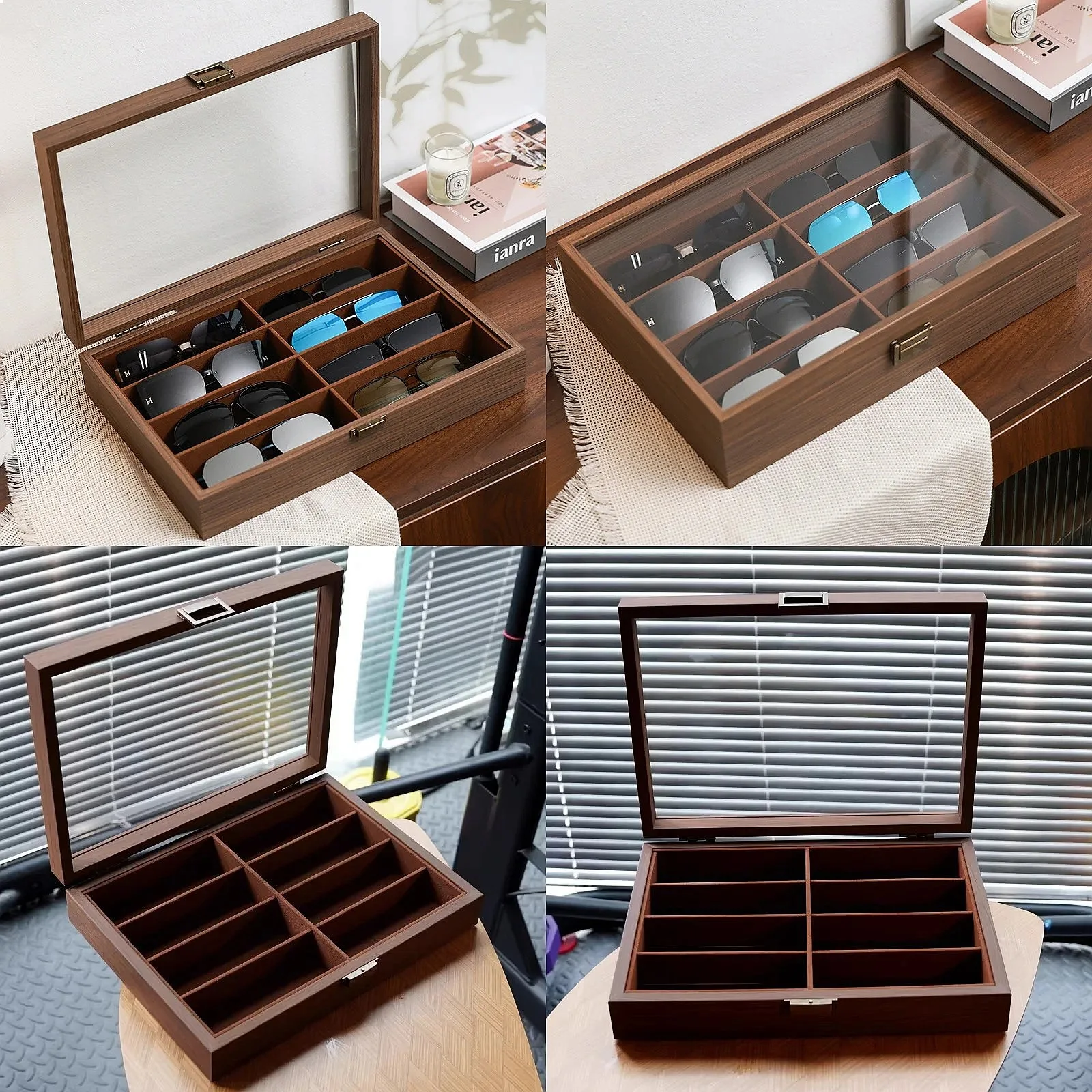 8/6 Grids Eyeglasses Display Case Desktop Wooden Sunglasses Organizer Box with Transparent Lid for Home Storage