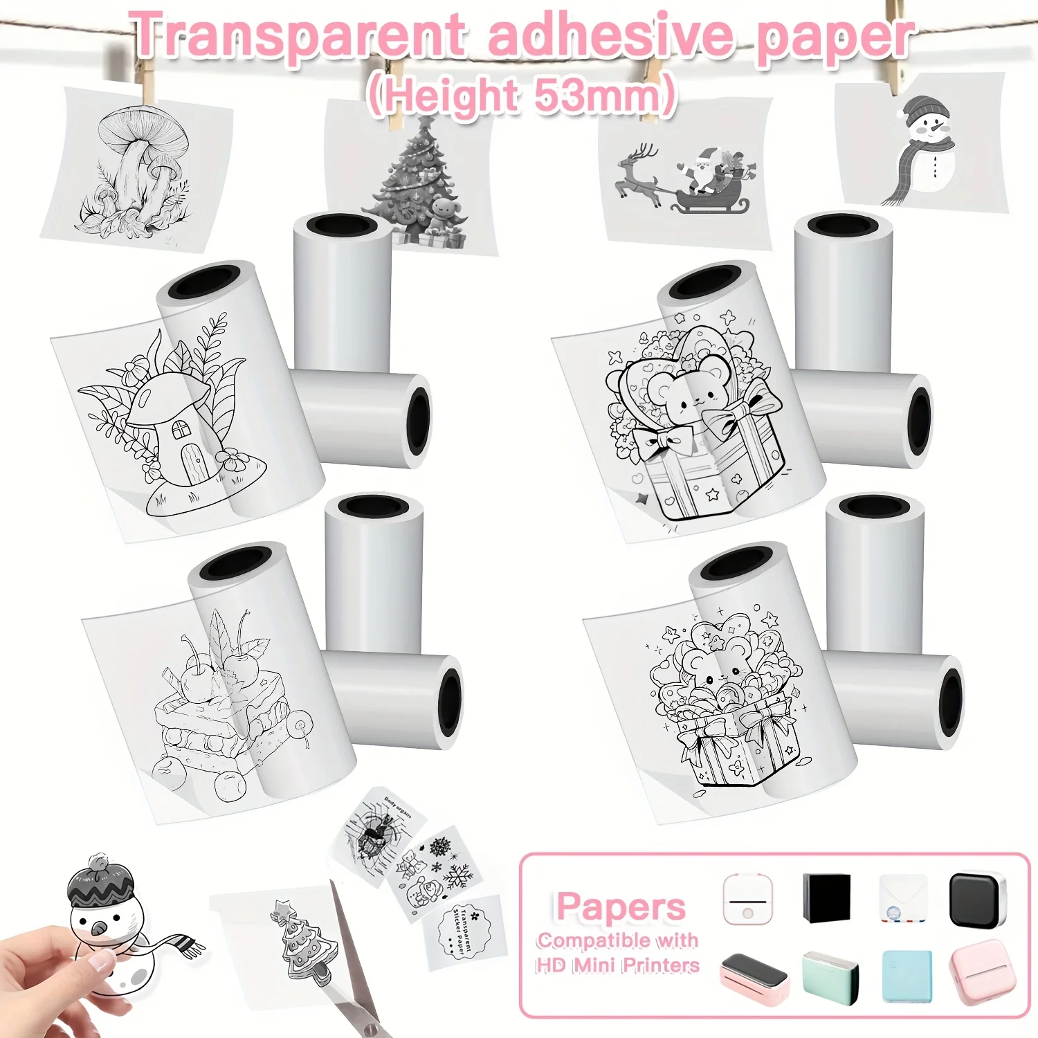 

3/6/9 Rolls Clear Thermal Sticker Paper 53mm Transparent Self-Adhesive Refills for t02/m02x/m02l Micro Printers, Photo Labels
