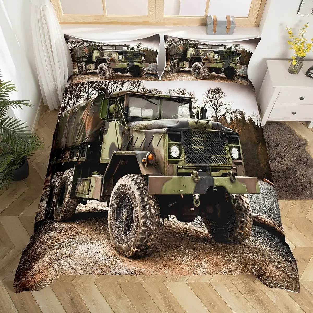 Military Truck Duvet Cover Army Camo for Men Camouflage Car for Kids Boys Bedroom Decoration Green Troop Transport Truck Vehicle